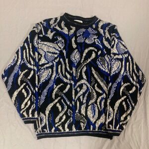 Vintage Marlene Abstract Floral Knit Sweater Blue Black White Made in USA Womens